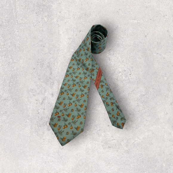 VALENTINO Green/Orange Floral Leaf Silk LUXURY Tie ITALY - Picture 6 of 6
